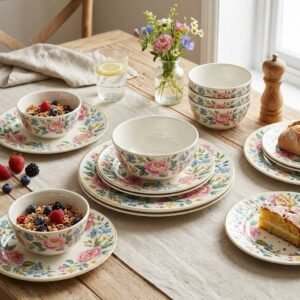 Melamine dinner set with plates, bowls, and serving pieces in a decorative pattern.