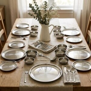 steel dinner set gift pack with compartments for serving a complete meal.