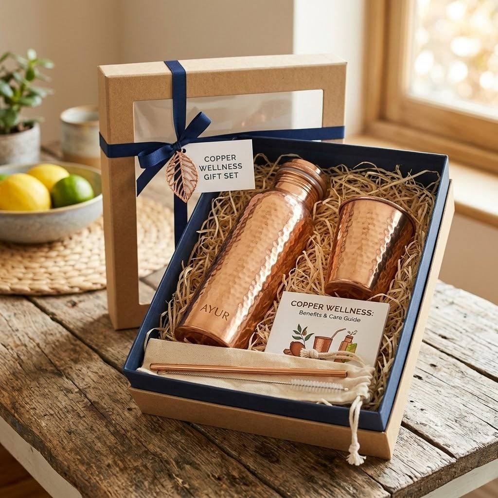 "Pure Copper water bottle set with engraved bottle, two matching copper tumblers, and gift box packaging"