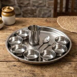 Steel thali set gift pack with decorative engraving, packaged as a gift.