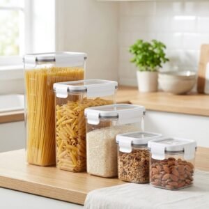 "airtight plastic storage container set of 5 pcs with lids, stacked and arranged for kitchen food storage"