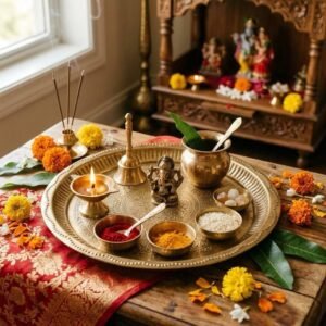 Brass pooja thali set with decorative accessories, used for daily worship and rituals.