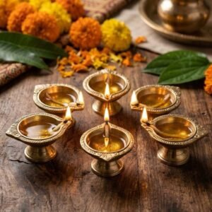 diya set pack 5 traditional brass diyas arranged together, polished golden finish, for Diwali and festive decor.