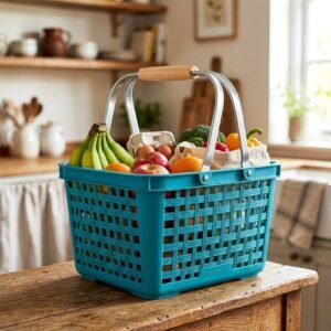 "plastic basket with handle for storage and carrying"