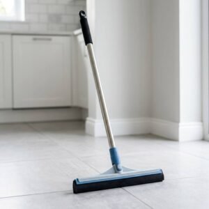 "Floor wiper with steel rod handle and rubber blade for home cleaning"
