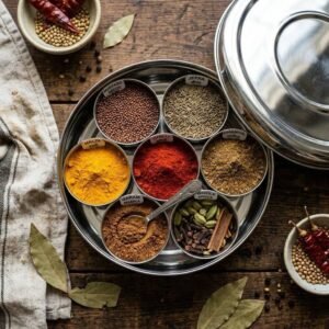 Steel masala dabba with spice compartments.