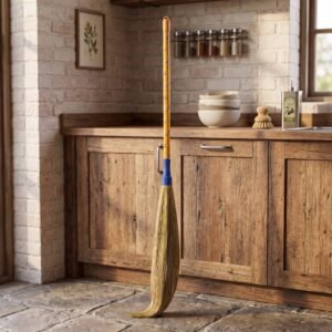 "Traditional handmade grass broom (jhadu) with natural fiber bristles and wooden handle"