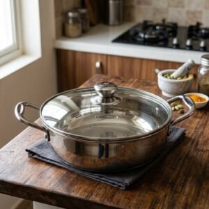 Stainless steel kadhai with lid, deep round cooking pan with side handles, ideal for Indian cooking
