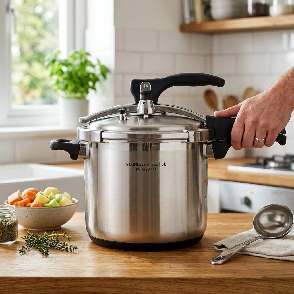 Stainless steel pressure cooker 5 liter with lid, induction and gas compatible kitchen cookware