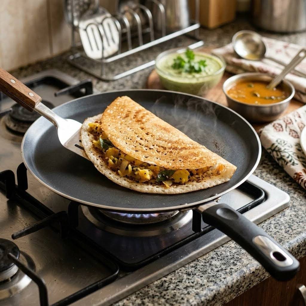 Non-stick tawa griddle with black coated cooking surface, ideal for making rotis, dosas and parathas
